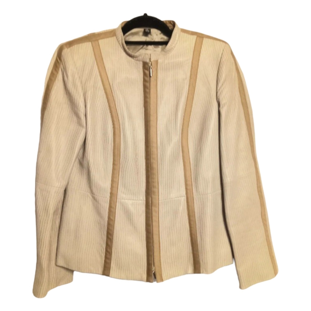 Linda Allard Ellen Tracy Womens Size 6 Tan Beige Embossed Leather Zip Ja…